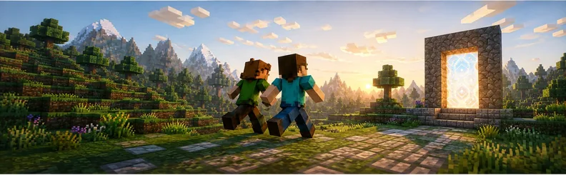 Dwie postacie z Minecrafta biegnące w stronę portalu
