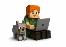 Postać z Minecrafta z laptopem i wilkiem
