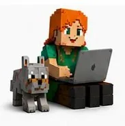 Postać z Minecrafta z laptopem i wilkiem